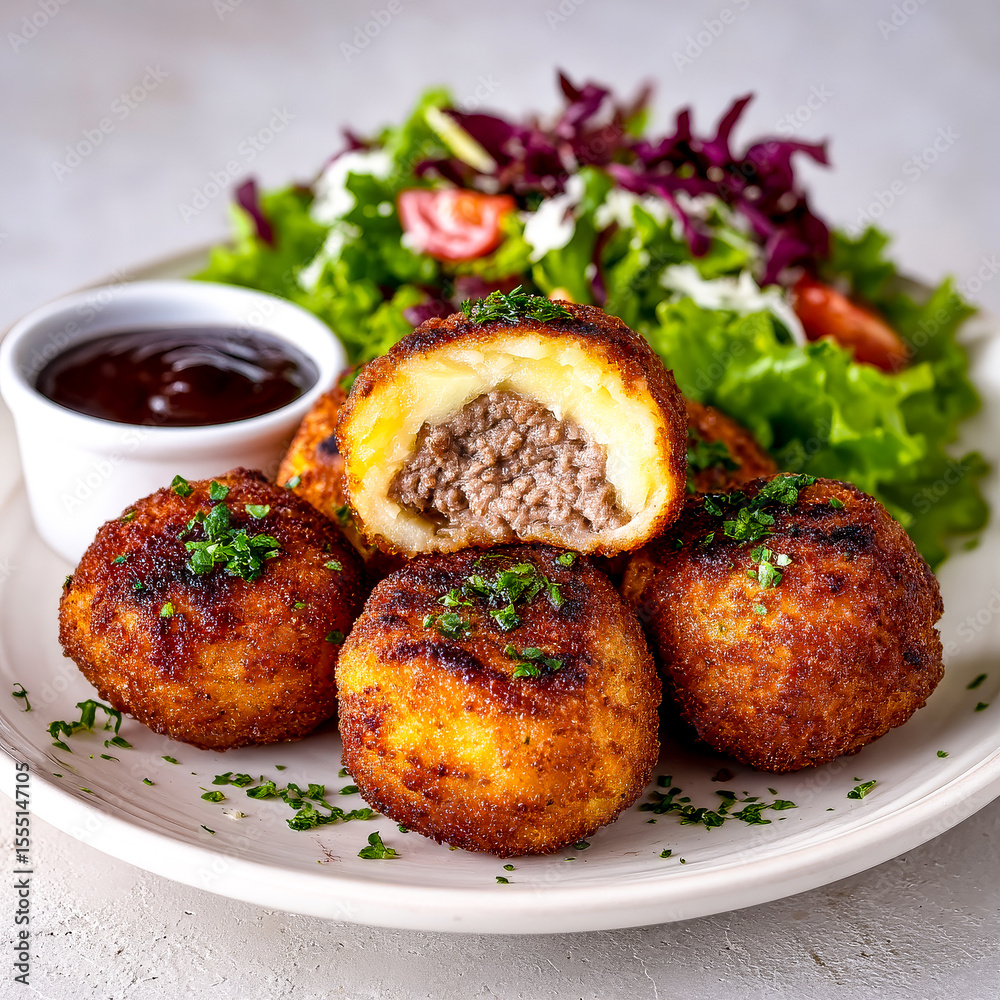 Close-up of crispy beef and potato croquettes with a vibrant mixed green salad and barbecue sauce on a white plate. Close-up of crispy beef and potato croquettes with a vibrant mixed green salad and barbecue sauce on a white plate.
