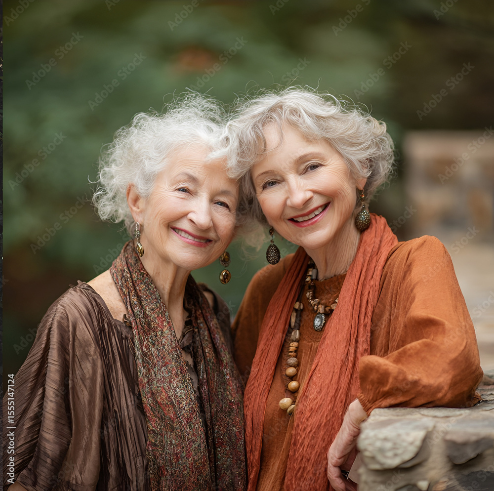 Fototapeta premium Professional photo of adorable elderly friends enjoying a nature park. Sophisticated Elegance