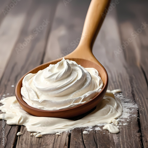 White Cream Spread on Wooden Spatula on Textured Background  