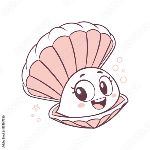 Cute cartoon scallop with smiling face and pink shells