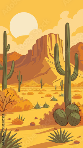 Vector Illustration of Cactus in Dry Desert Landscape