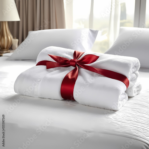 White Folded Towel with Ribbon on Bed in Sunlight  