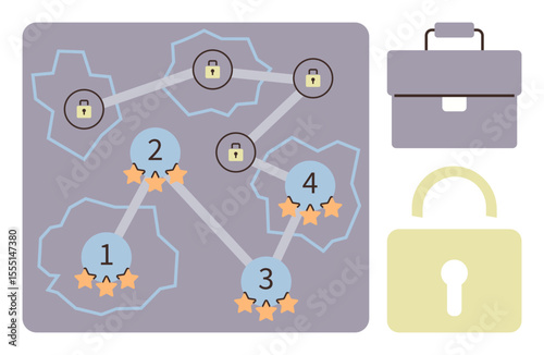 Connected map with numbered nodes, locks, stars, briefcase, and padlock symbol. Ideal for game mechanics, education, strategy, teamwork achievement tracking professional growth simple flat