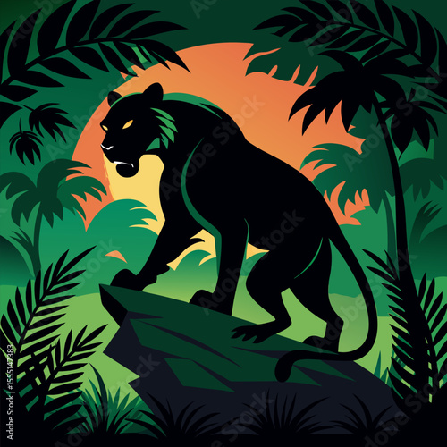"Crouching tiger silhouette in jungle pose"