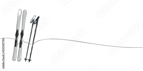 Continuous line art of ski equipment, including skis and poles standing in snow, perfect for winter sports or alpine adventure themes.