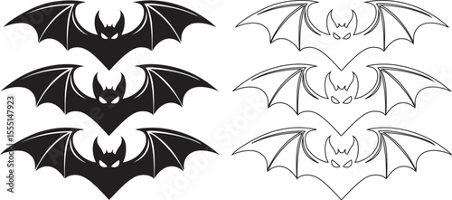 Set of Flying Bat Silhouettes and Outline Illustrations for Halloween