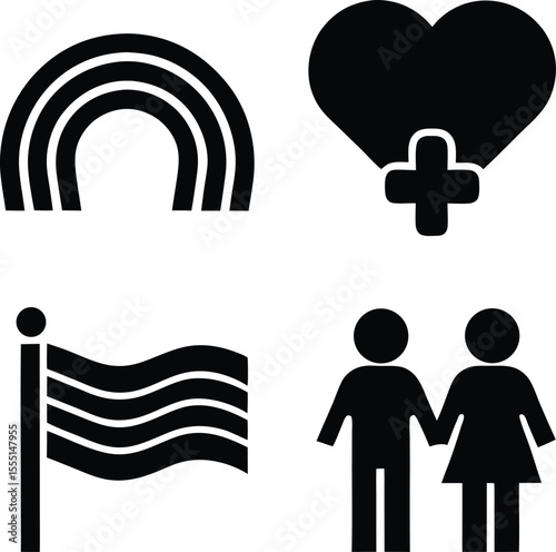 Set of black L G B T Q symbols including rainbow flag and couple