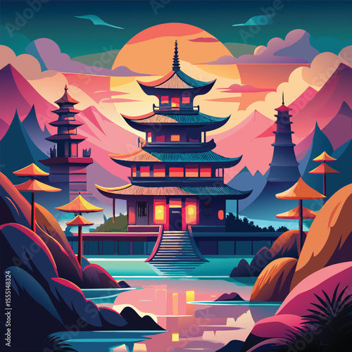 chinese temple at sunset