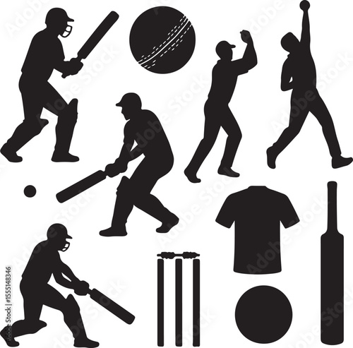 Cricket Silhouette Vector Set — Players, Bats, Balls, Stumps, Jersey — Minimalist Black and White Sports Icons”