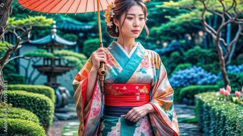 Asian woman of noble origin in a festive kimono walks slowly through a blooming Japanese garden