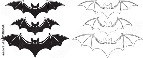 Set of Flying Bat Silhouettes and Outline Illustrations for Halloween