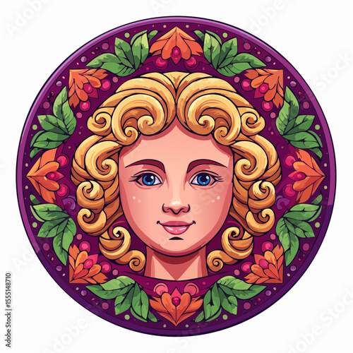 cherubic face centered within spiraling ringlets of hair forming ornate rosette design