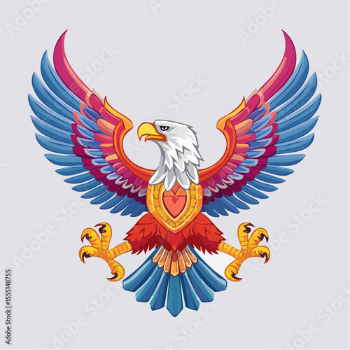 single-headed eagle in profile with wings raised into ornate volutes and feather details