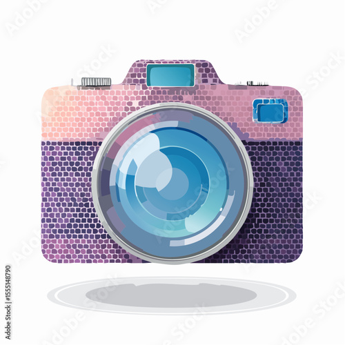 simplified camera silhouette composed of tiny trapezoids in dusty rose and slate tones