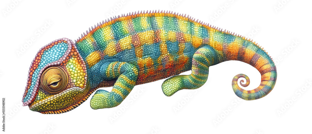 Fototapeta premium Colorful chameleon exhibiting unique patterns in a studio setting with artistic flair