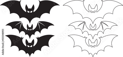 Set of Flying Bat Silhouettes and Outline Illustrations for Halloween