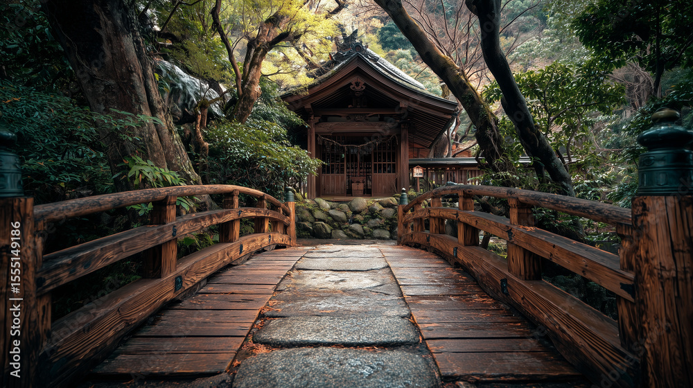 Fototapeta premium Traditional wooden bridge leading to a hidden shrine, peaceful Japannese traditional temple, photo style