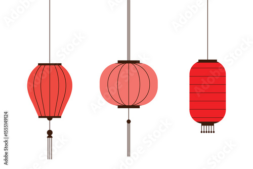 Bright Chinese lanterns. Set of Chinese lanterns for Lunar New Year, Mid-Autumn Festival or Lantern Festival. Isolated vector illustration on white background.