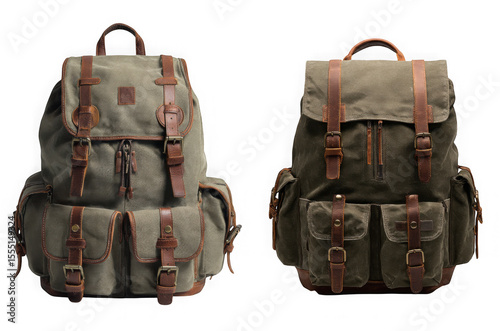 Two stylish canvas backpacks with brown leather accents are isolated on transparent background, showcasing their rugged and adventurous design