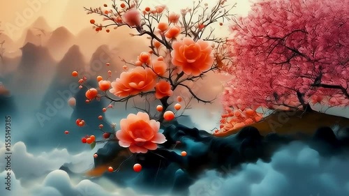 Ancient temples and red chinese lanterns, asian symbols, chinese tradition