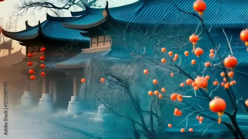 Ancient temples and red chinese lanterns, asian symbols, chinese tradition