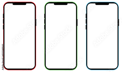 Three smartphones with colored bezels: red, green, and blue