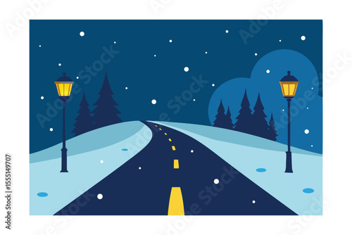 Winter Night Road Snowy Landscape with Lampposts