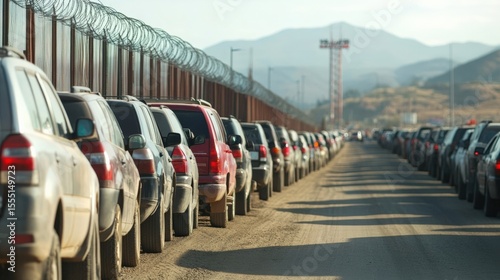 Vehicles Lined Up Near a Border Fence with Barbed Wire and Distant Mountains