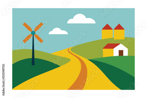 Serene Countryside Winding Road, Windmill, and Farmhouses Illustration