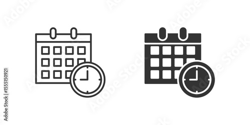 Time Icon Set. A black icon of a calendar with clock, representing scheduling.