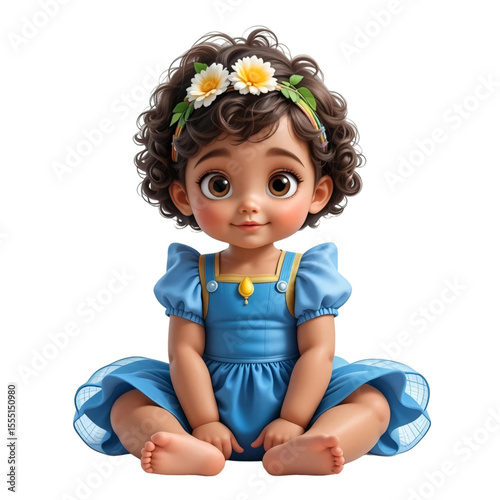 Girl With Big Eyes And Curly Hair, Wearing Blue Dress. She Sits Cross-Legged, Smiling, With Daisies On Her Headband.eps