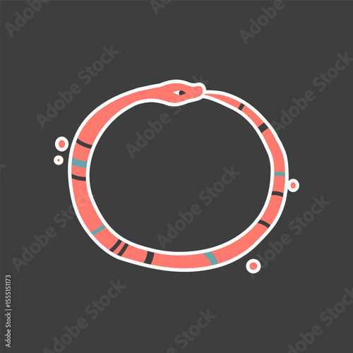 Ouroboros or uroboros flat abstract symbol. Red cartoon snake consuming its own tail. Infinity sign. Isolated hand drawn sticker on dark background.