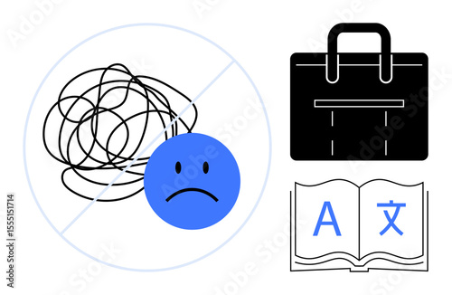 Sad face with tangled lines crossed out, book with language symbols, and briefcase representing clarity, education, language learning, career, multilingual skills, productivity self-improvement. A