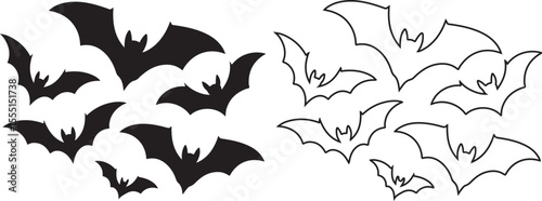 Set of Flying Bat Silhouettes and Outline Illustrations for Halloween