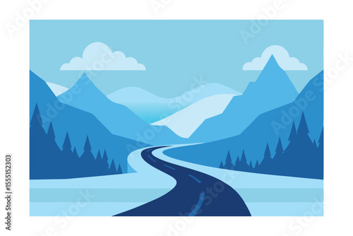 Serene Winter Road Trip Winding Road Through Snowy Mountains
