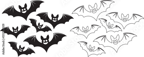 Set of Flying Bat Silhouettes and Outline Illustrations for Halloween