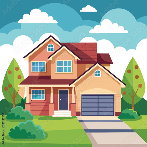 Vector illustration of a charming cottage home with a red roof on a green hill, surrounded by nature under a blue sky, perfect for residential real estate