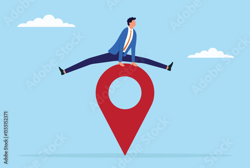 Vector illustration of a businessman jumping over a location icon, symbolizing overcoming challenges, navigating new paths, and striving for success in a dynamic business