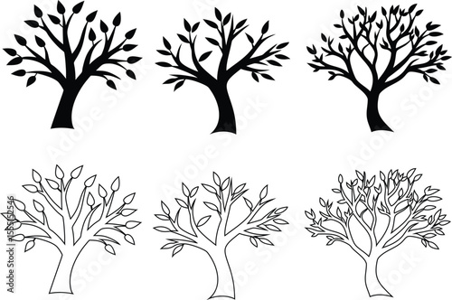 Collection of tree icons in flat, outline, and black silhouette styles. Ideal for eco and organic branding.