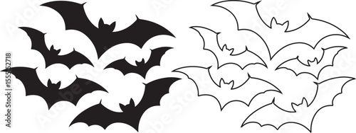 Set of Flying Bat Silhouettes and Outline Illustrations for Halloween