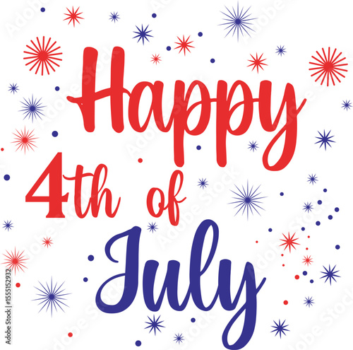 USA Independence Day celebration graphic. Features "Happy 4th of July" in a vibrant red and blue brush script, adorned with stars. Clean, modern, and festive design for any patriotic occasion.