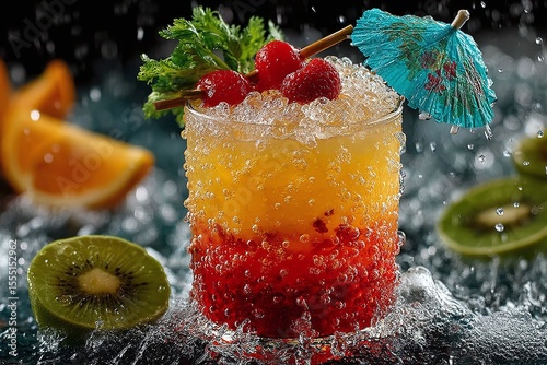 Refreshing Raspberry Kiwi Cocktail Drink with Orange Slices garnished with a tiny umbrella under a summer rain