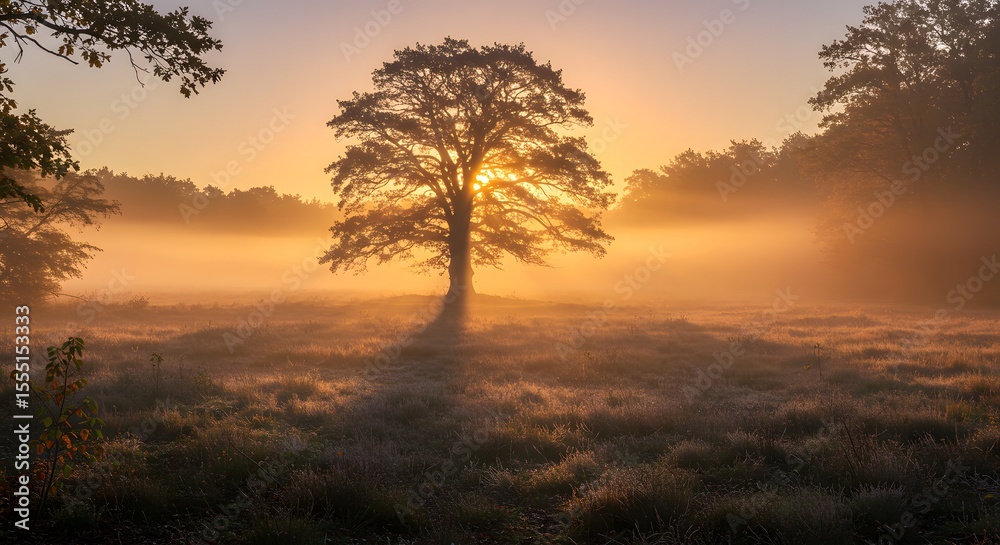 Fototapeta premium Golden Sunrise Through Misty Meadow Tree, Silhouette and Radiant Light