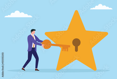 Vector illustration of a businessman unlocking a star sign with a key, symbolizing unlocking positive customer reviews, building reputation, and achieving business success
