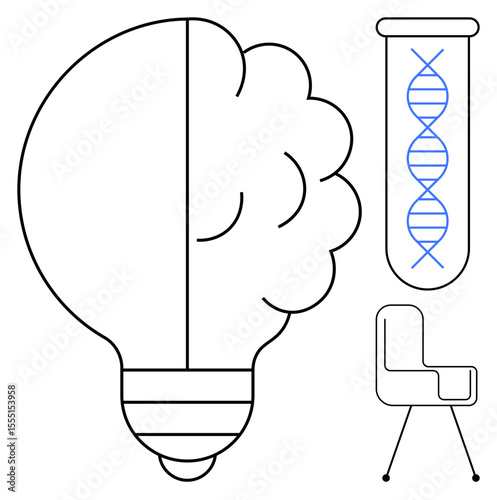 Half lightbulb and brain merge with DNA in test tube and chair symbolizing innovation, science, technology, creativity, research, modern design. Ideal for ideas, biotechnology, education startups