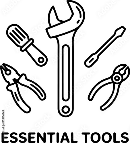 Black outline vector illustration of five essential tools including wrench screwdriver pliers and wire cutters