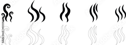 Aromas vaporize icon set trendy flat hand drawn line comic doodle. Smells vector, hot aroma air fragrance , stink or cooking steam symbols, smelling vapor, smoking or odors. cloud or wind silhouette.
