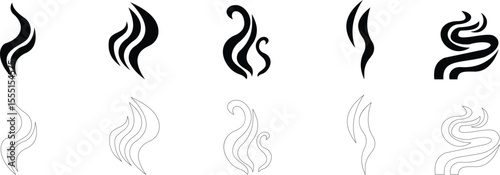 Aromas vaporize icon set trendy flat hand drawn line comic doodle. Smells vector, hot aroma air fragrance , stink or cooking steam symbols, smelling vapor, smoking or odors. cloud or wind silhouette.
