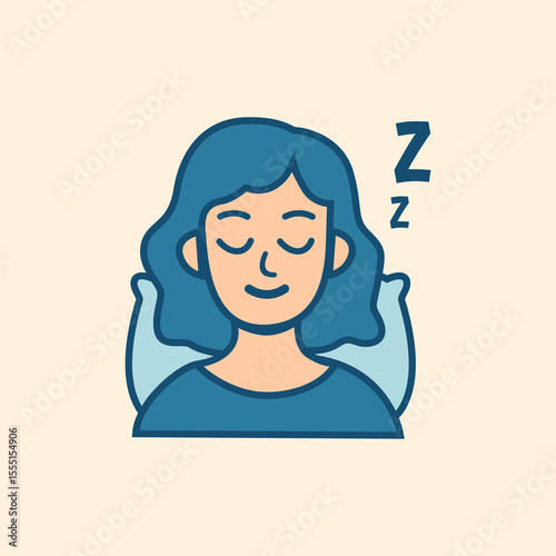 Flat cartoon icon of calm girl sleeping to illustrate sleep hygiene, self-care, mental balance, and energy restoration