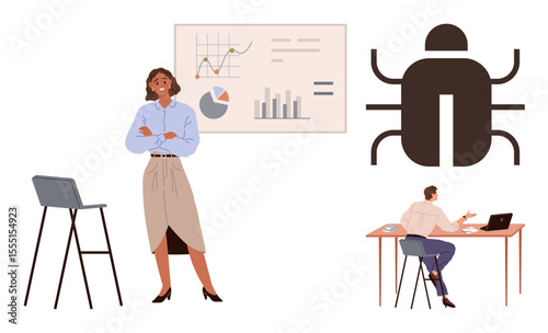 Professional woman presenting data charts with a bug icon emphasizing debugging. Male figure focuses on laptop, symbolizing technical troubleshooting. Ideal for data analysis, teamwork, business